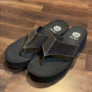 Brown yellow box flip flops